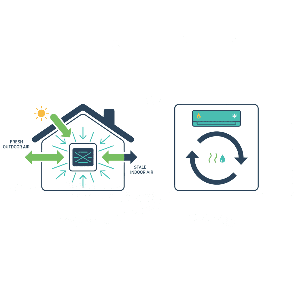 Dos paneles comparados: una casa con recuperador de calor renovando el aire con aire nuevo del exterior, frente a una habitación con un split recirculando el mismo aire en círculo