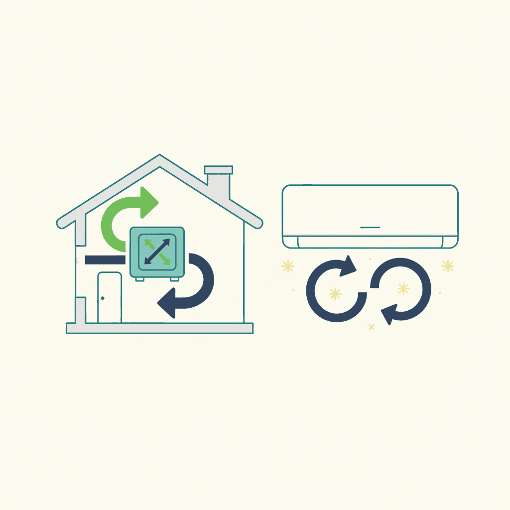 Comparación entre un recuperador de calor, con flechas de aire nuevo entrando del exterior y aire viciado saliendo para renovar la casa, y un split de aire acondicionado con el aire girando en bucle dentro de la habitación y copos de frío, que climatiza pero no renueva
