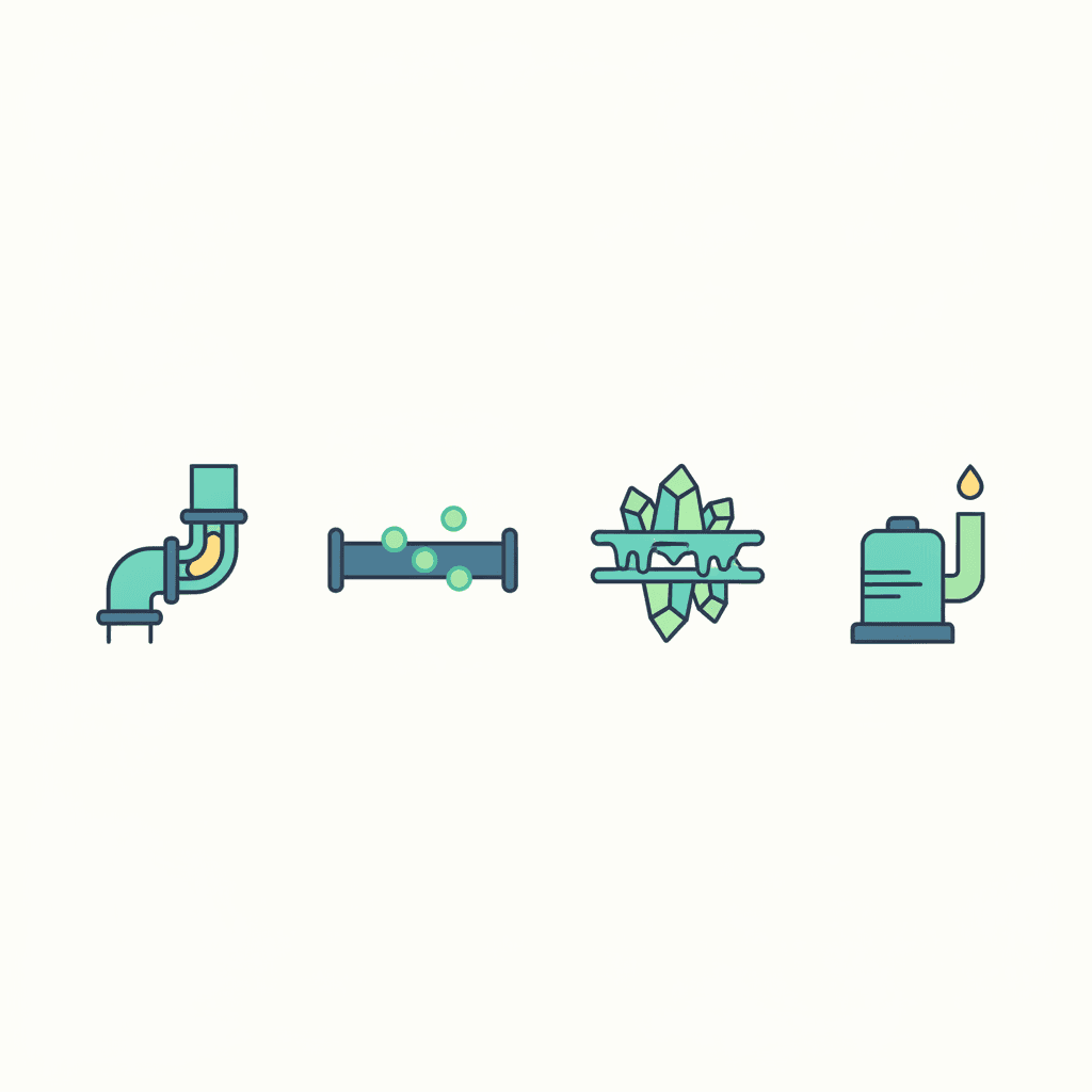Ilustración vectorial plana con cuatro iconos en fila representando las causas de un ruido de agua en el aire acondicionado: un tubo de desagüe con sifón, un símbolo de gas circulando, una gota de agua con grieta de fuga y una pequeña bomba de condensados, sin texto