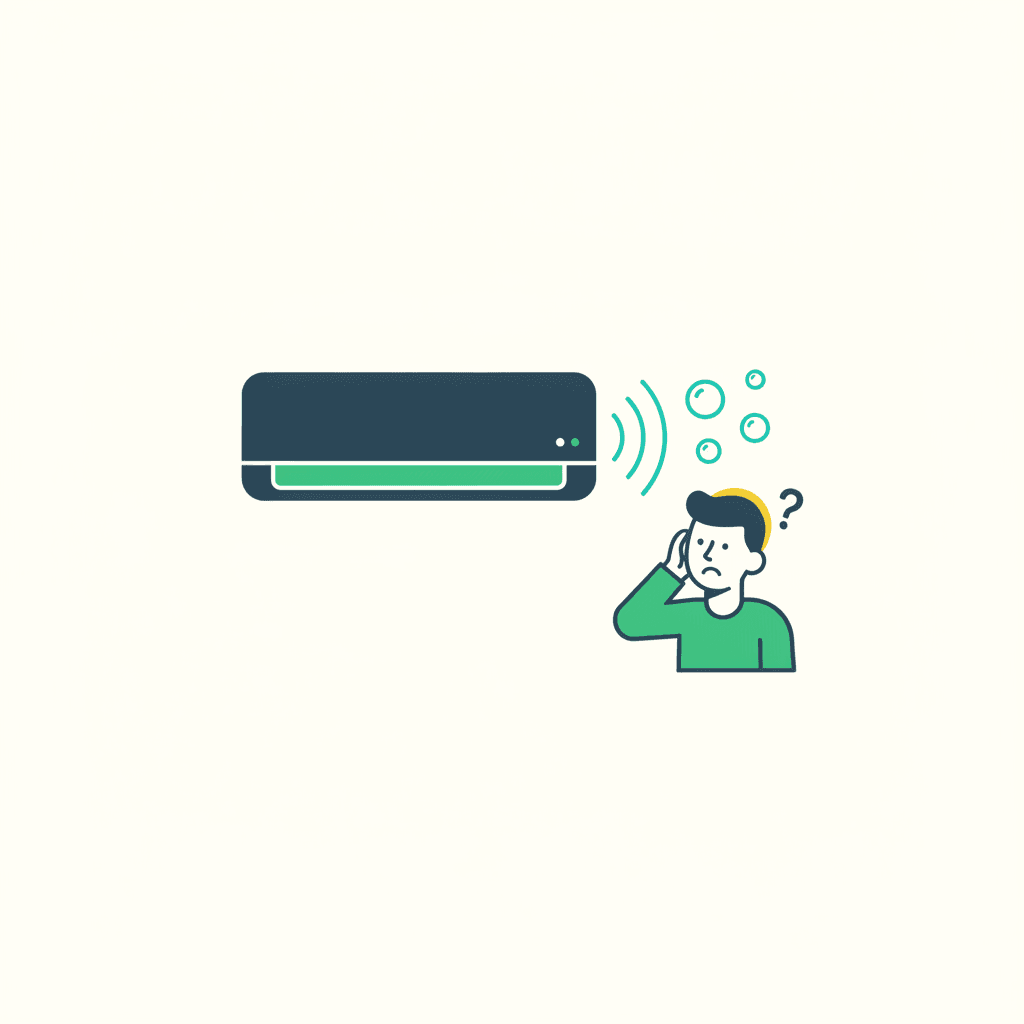 Ilustración vectorial plana de una unidad interior de aire acondicionado en una pared con ondas sonoras y una gota de agua estilizada saliendo de ella, sin texto
