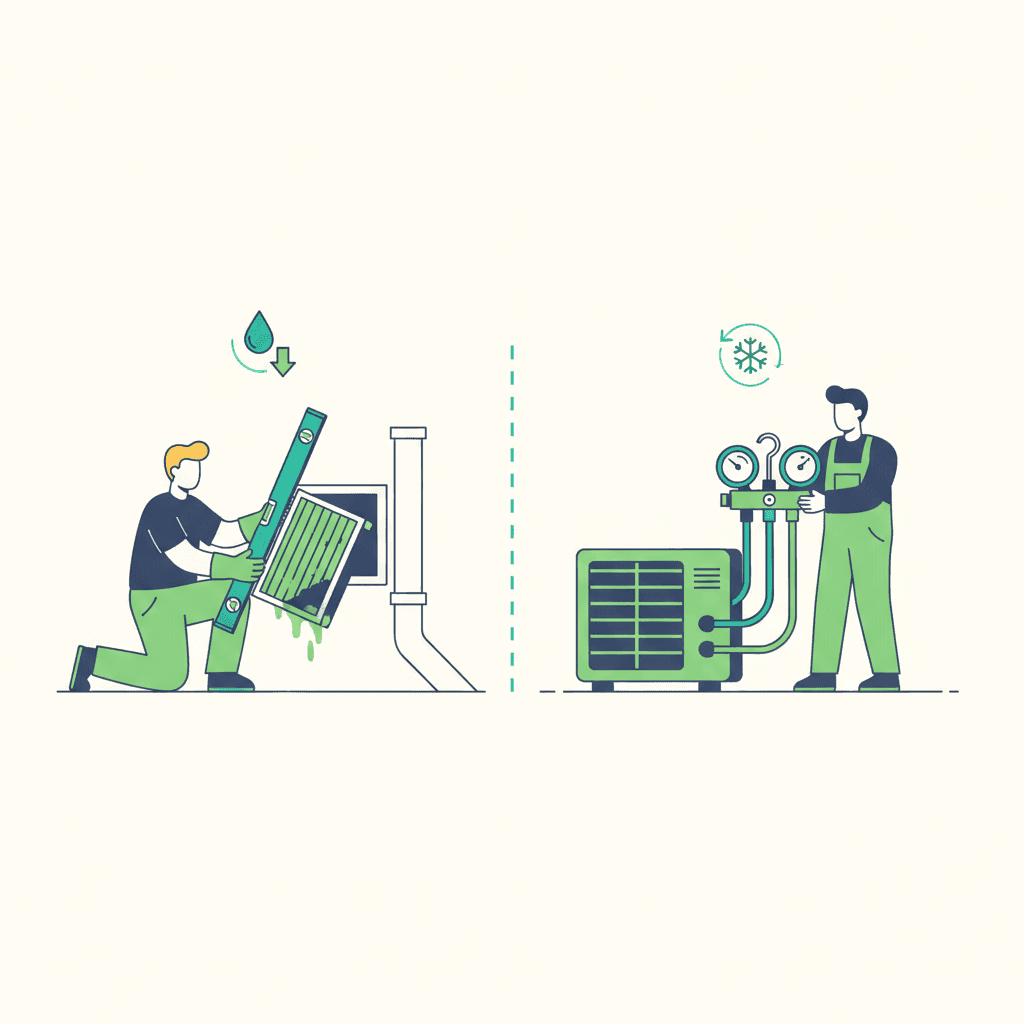 Ilustración vectorial plana de una persona revisando la pendiente de un tubo de desagüe de aire acondicionado con una mano, junto a un icono de teléfono para llamar a un técnico, sin texto