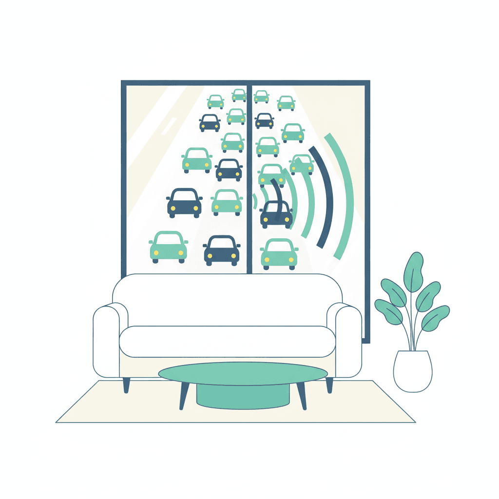 Ilustración vectorial plana de una fachada de vivienda con una ventana y, superpuestas, ondas sonoras entrando desde la calle donde circulan coches, sin texto