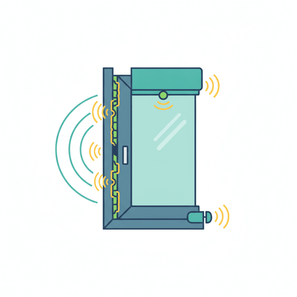 Ilustración vectorial plana de un corte de fachada mostrando el hueco del cajón de persiana como punto débil junto a la ventana, con ondas sonoras atravesándolo, sin texto