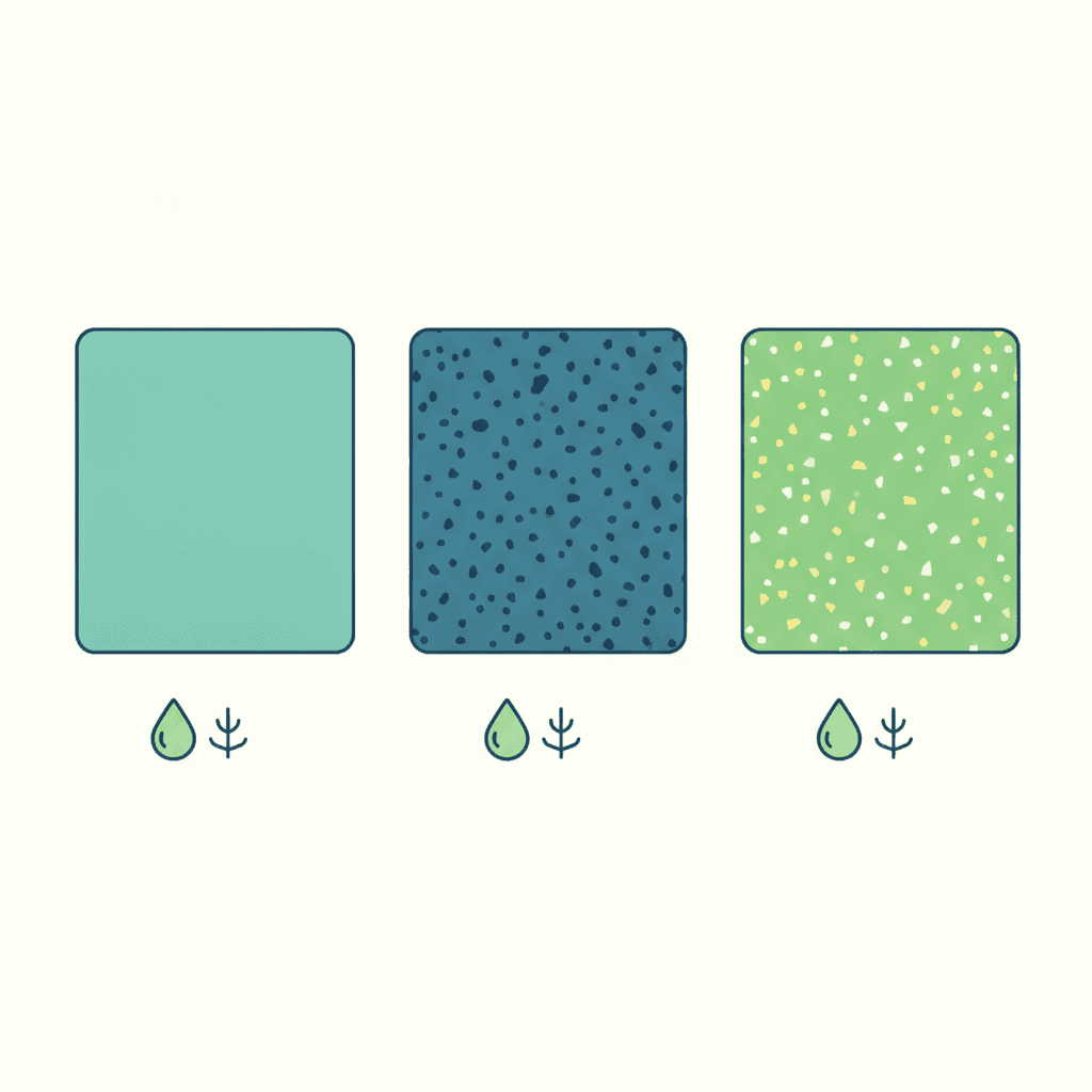 Ilustración vectorial plana con cuatro muestras de textura de acabado de fachada, de lisa a rugosa, junto a iconos de gota de agua repelida, flechas de vapor saliendo del muro y una zona en sombra con icono de humedad, sin texto