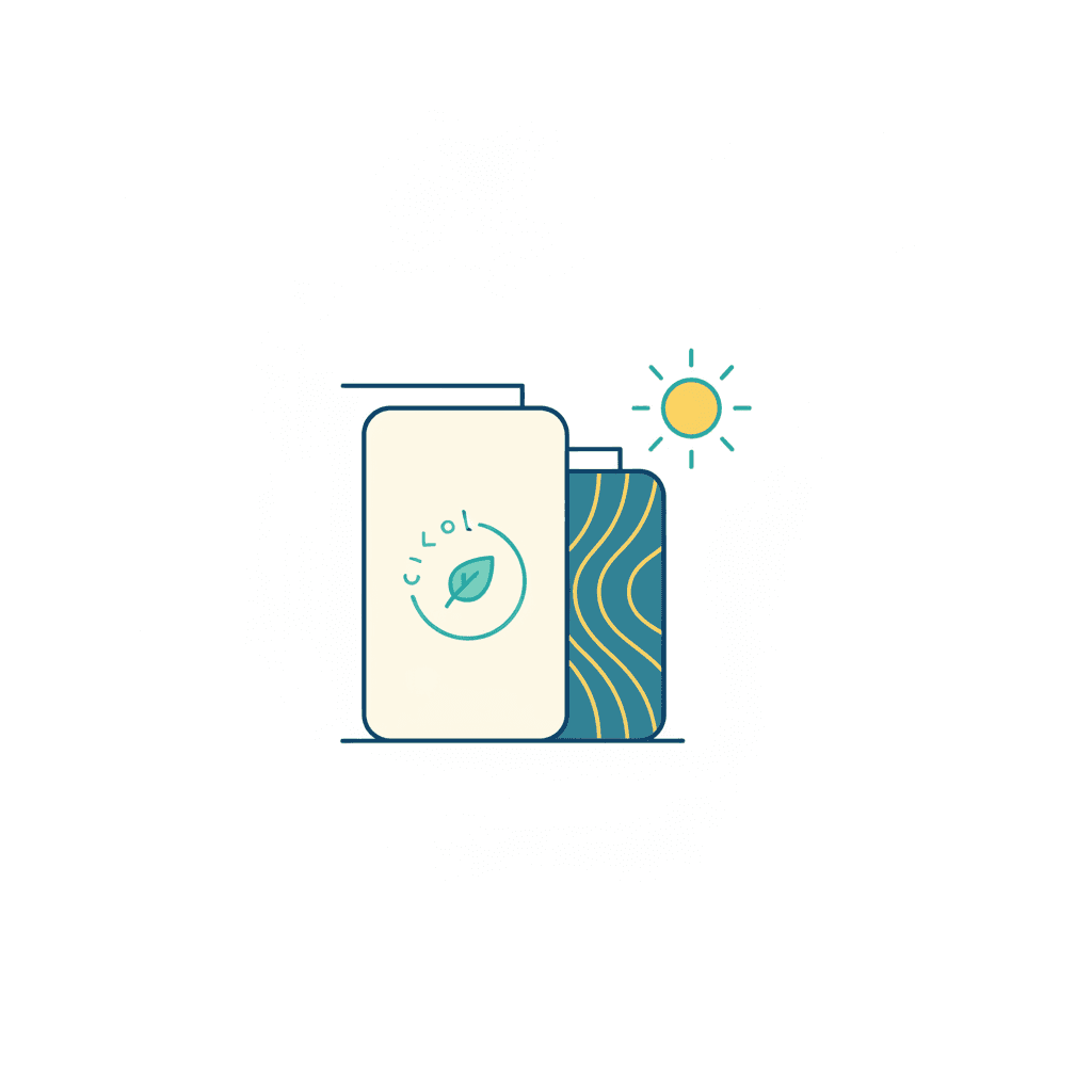 Ilustración vectorial plana de un corte de fachada con SATE mostrando la fina capa de acabado sobre el panel aislante, con rayos de sol incidiendo sobre un paño de tono oscuro y un icono de calor, sin texto