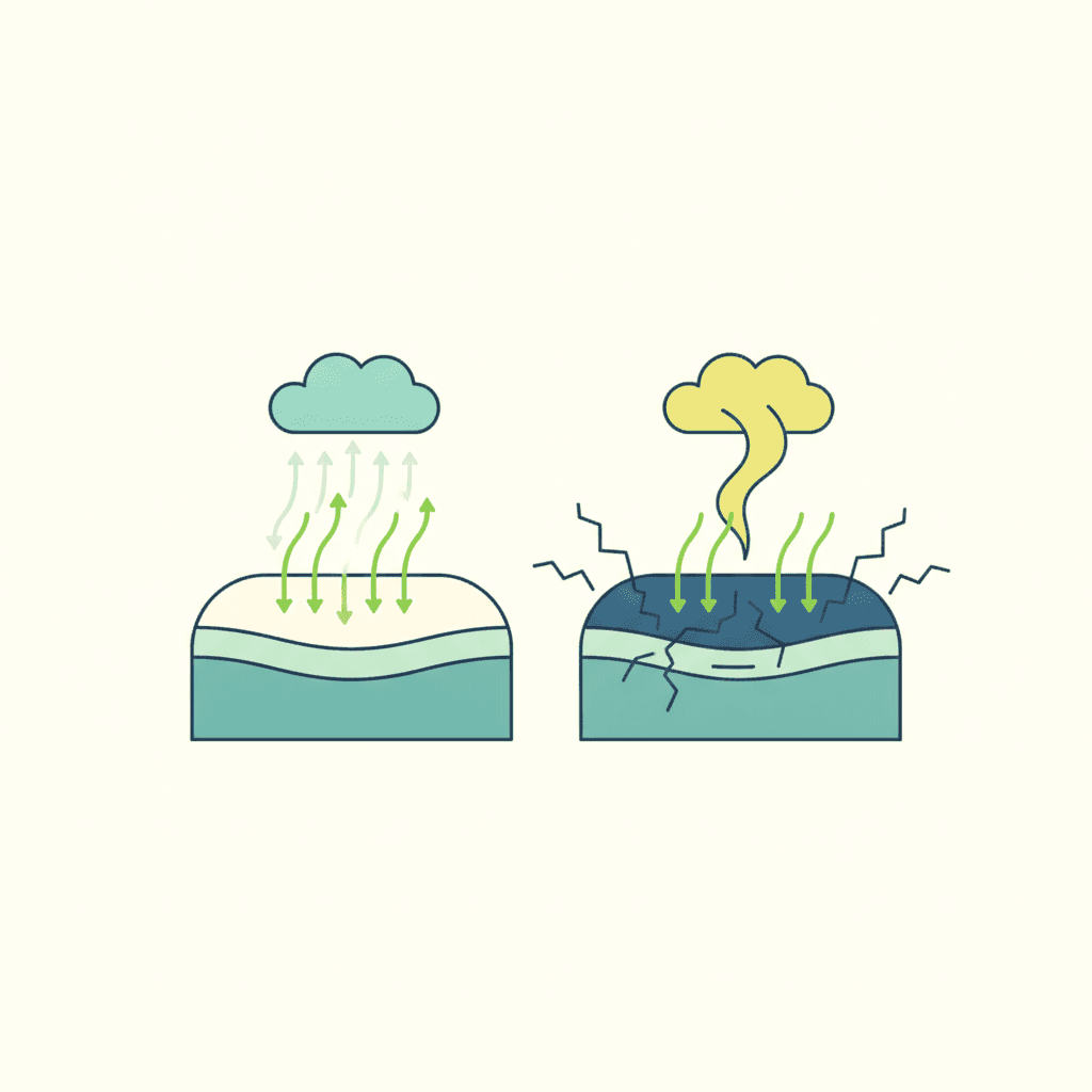 Ilustración vectorial plana comparando dos paños de fachada, uno de tono claro reflejando los rayos de sol y otro de tono oscuro absorbiéndolos con ondas de calor y pequeñas grietas, junto a un icono de escala de reflectancia, sin texto