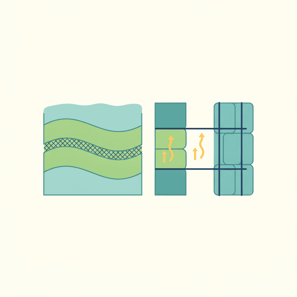 Ilustración vectorial plana comparando en corte las capas del SATE (muro, aislante adherido, mortero con malla) y de la fachada ventilada (muro, aislante, cámara de aire, subestructura y revestimiento), sin texto