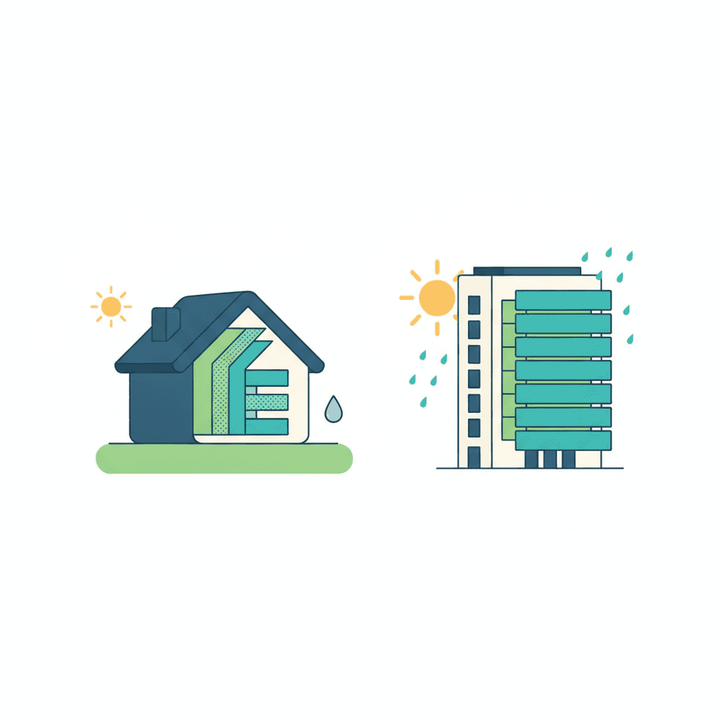 Ilustración vectorial plana de una vivienda con una fachada muy soleada y otra fachada bajo lluvia, con iconos señalando cuándo conviene cada sistema de aislamiento exterior, sin texto