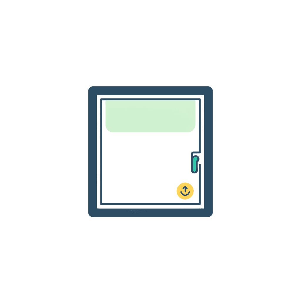 Ilustración vectorial plana de una ventana oscilobatiente mostrando el modo oscilo abierto por arriba frente al modo batiente abierto por completo, con un icono de salida rápida desde dentro, sin texto