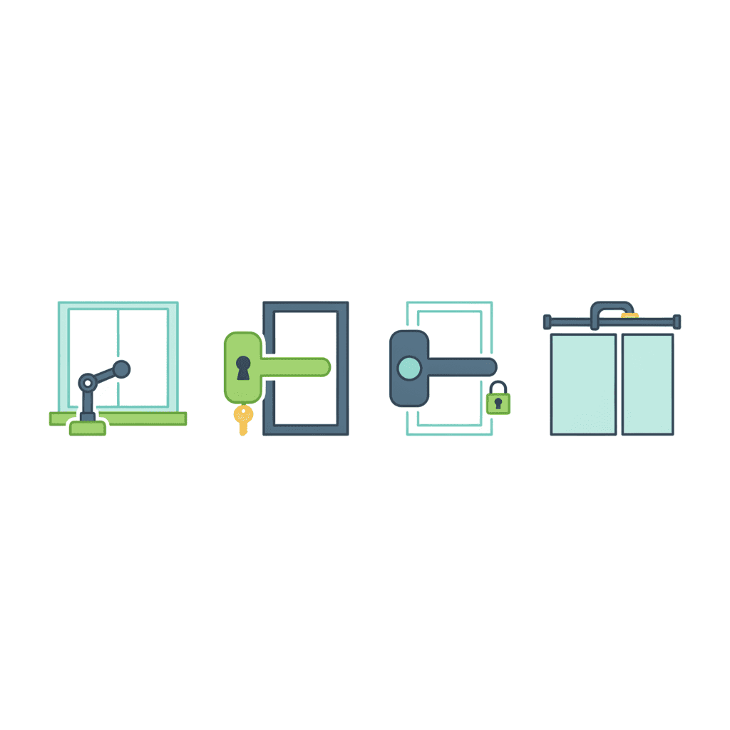 Ilustración vectorial plana con iconos de los dispositivos de seguridad infantil en ventanas: un limitador de apertura, un bloqueo de manilla con llave, una manilla con botón antimanipulación y un restrictor de corredera, sin texto