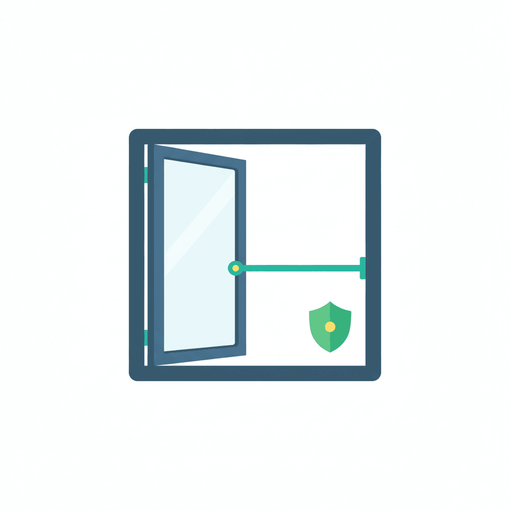 Ilustración vectorial plana de una ventana con dispositivos de seguridad infantil integrados en el herraje —limitador de apertura, manilla con botón y bloqueo con llave— junto a un antepecho bajo, sin texto