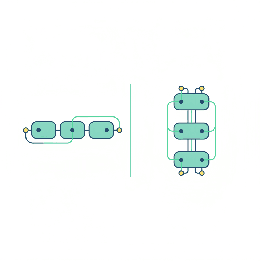 Ilustración de dos cadenas de placas solares en un tejado, una conectada en serie y otra en paralelo, con el cableado diferenciado entre ambas configuraciones