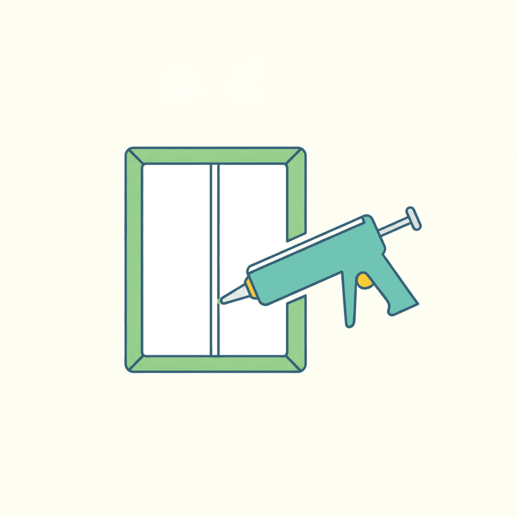 Ilustración vectorial plana de una ventana en corte mostrando el cordón de sellador aplicado en el perímetro entre el marco y la pared, con una pistola de silicona en primer plano, sin texto