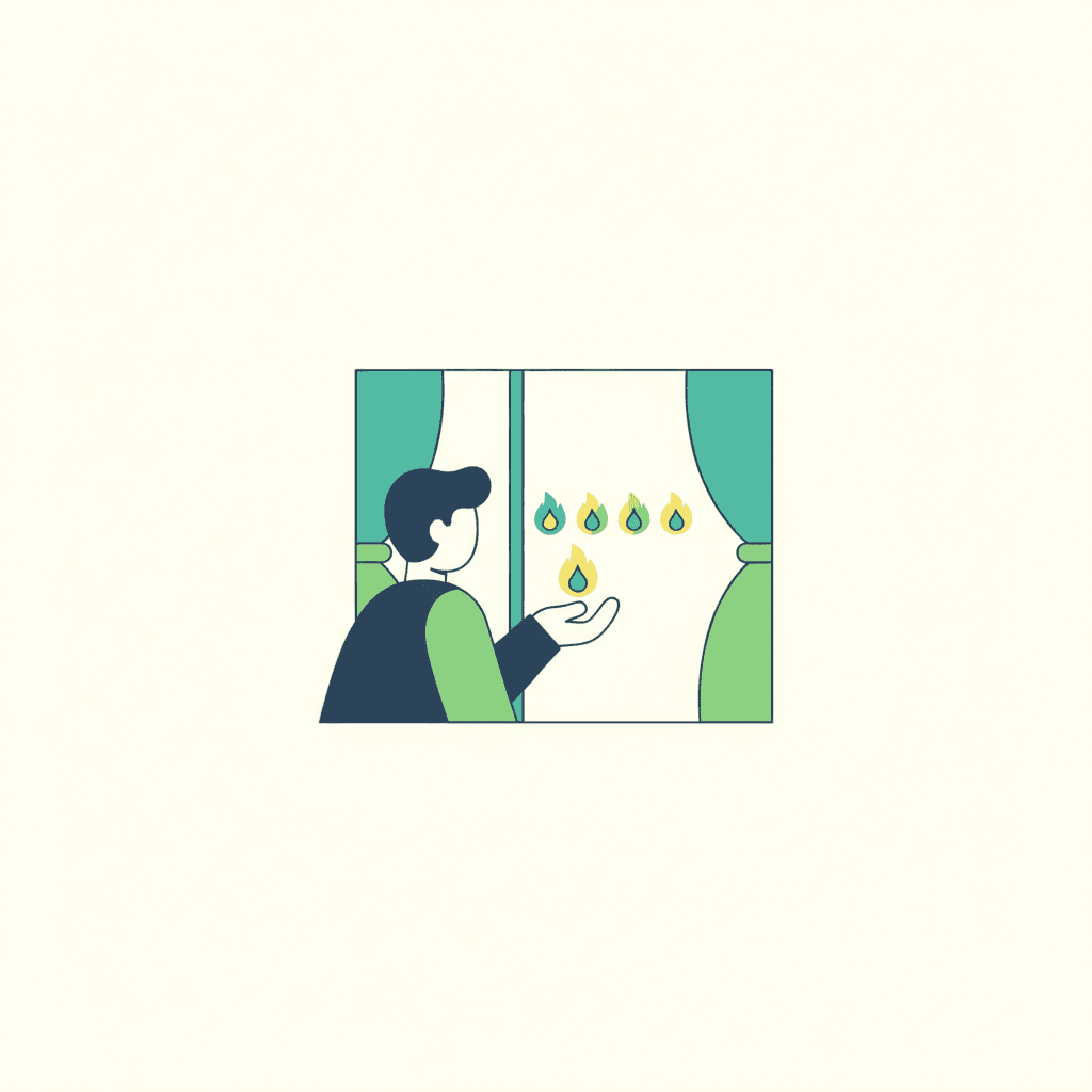 Ilustración vectorial plana de una mano acercando una vela a una ventana antigua de noche para contar los reflejos en el cristal, sin texto