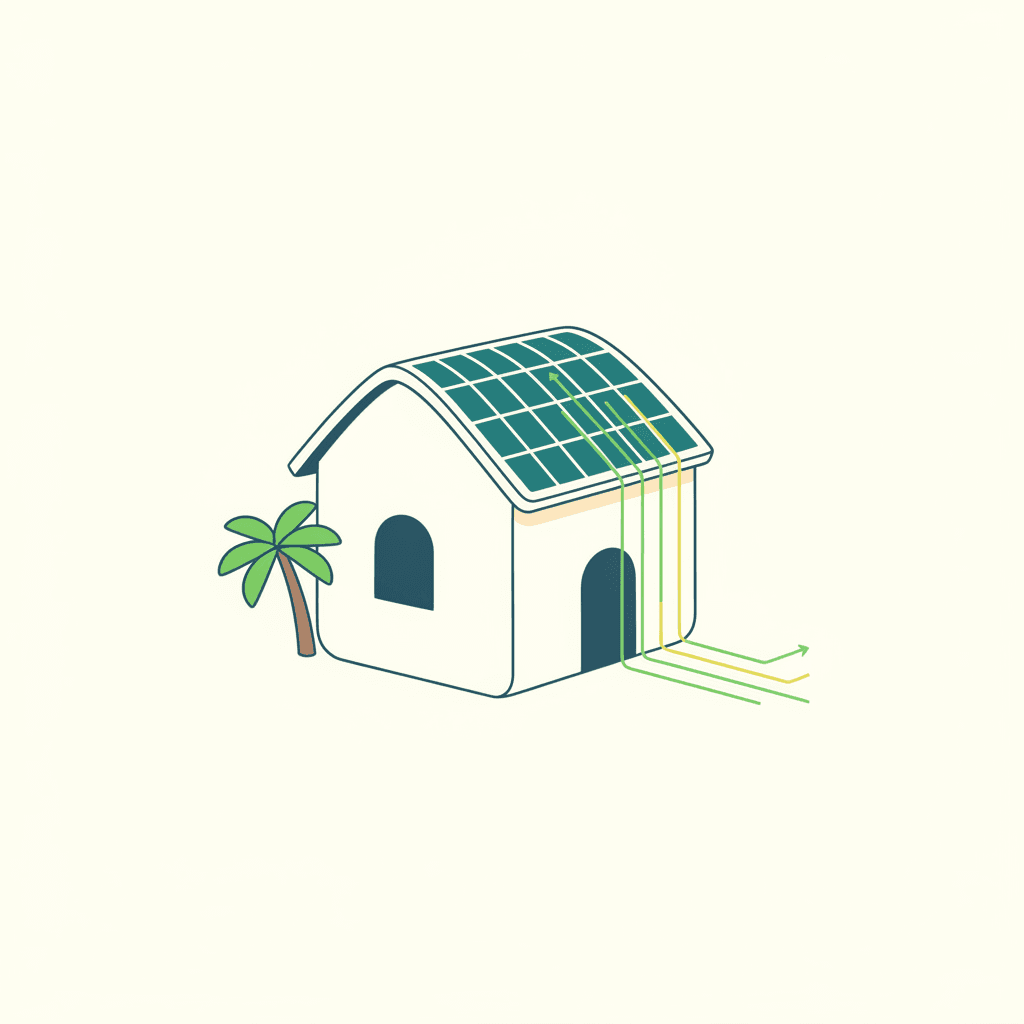 Ilustración vectorial plana de una casa de segunda residencia con placas solares en el tejado, un sol grande sobre ella y una maleta junto a la puerta simbolizando que permanece vacía la mayor parte del año, sin texto