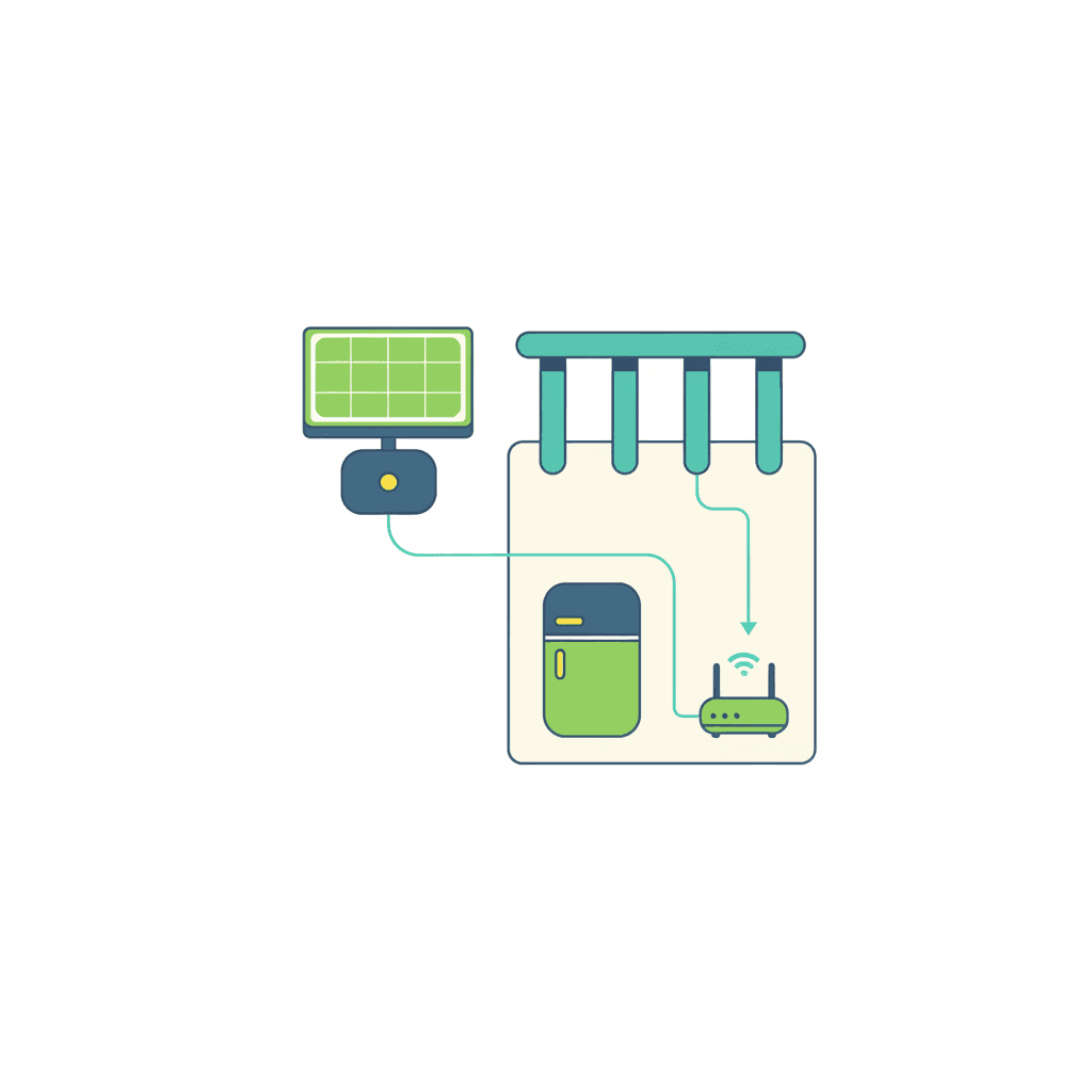 Ilustración vectorial plana mostrando el funcionamiento de un kit de placas solares de balcón: los paneles con microinversor alimentan directamente electrodomésticos de la vivienda como la nevera y el router, sin texto