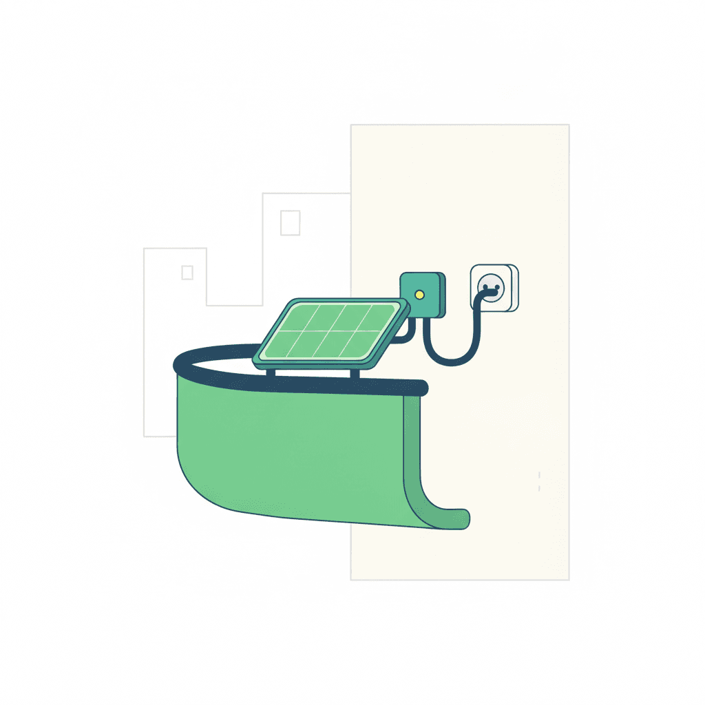 Ilustración vectorial plana de un balcón de vivienda con dos pequeños paneles solares y un microinversor conectados a una toma de corriente, sin texto
