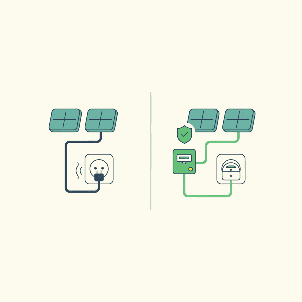 Ilustración vectorial plana comparando una placa solar conectada a un enchufe doméstico frente a una miniinstalación de autoconsumo con protecciones y conexión reguladas, sin texto