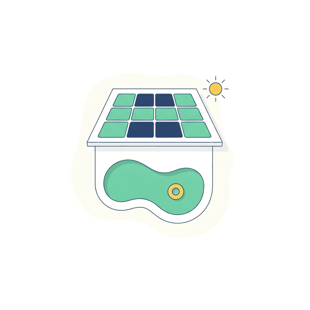 Placas solares y una piscina bajo el sol de verano
