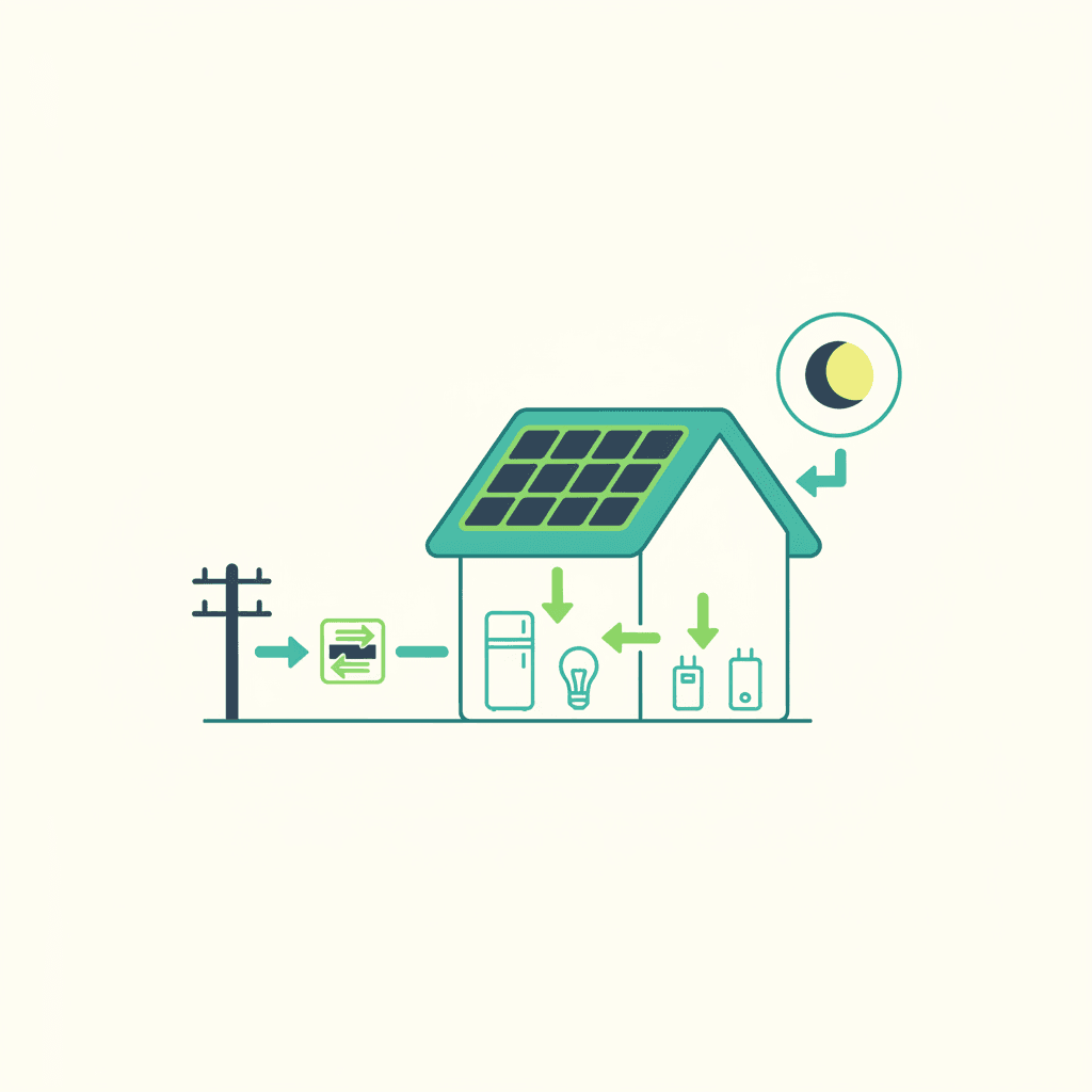 Esquema de una instalación solar sin batería: de día la energía va directa al consumo de la casa y el sobrante se vierte a la red, de noche la vivienda se abastece de la red eléctrica