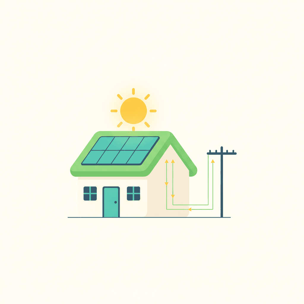 Vivienda con placas solares en el tejado, sin batería, con una flecha que lleva el excedente de energía hacia la red eléctrica