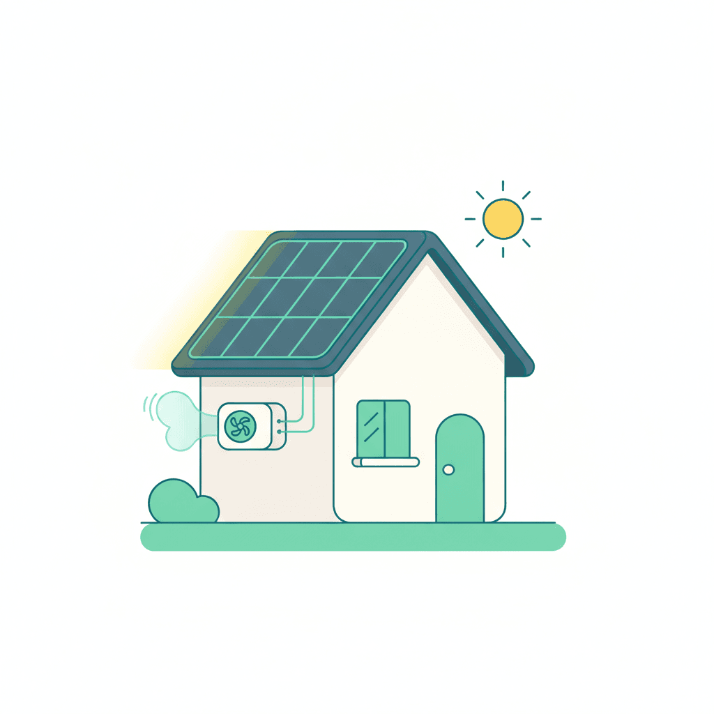 Ilustración vectorial plana de una vivienda con placas solares en el tejado y una unidad de aire acondicionado exterior, con el sol y ondas de aire fresco entre ambos elementos, sin texto