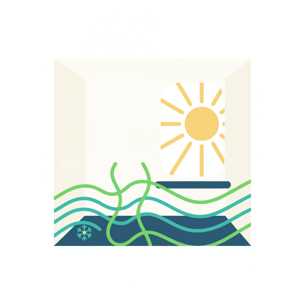 Ilustración de una vivienda en verano con el suelo radiante trabajando en modo refrescante para atemperar el ambiente