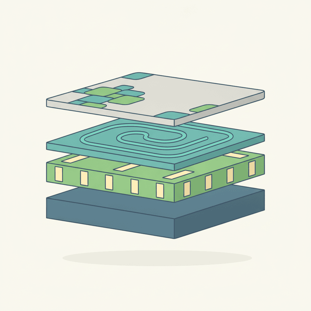 Ilustración vectorial plana con las capas de una instalación de suelo radiante señaladas de abajo a arriba: aislante térmico, tubo del circuito, mortero de recrecido y pavimento, sin texto