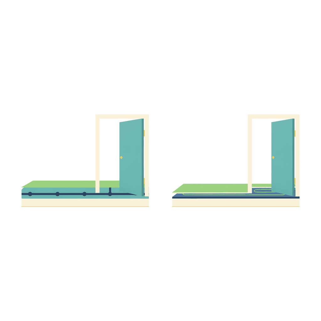 Ilustración vectorial plana con iconos de comprobaciones previas a instalar suelo radiante sobre suelo existente: puerta con hueco medido, nivel y suelo sano, sin texto