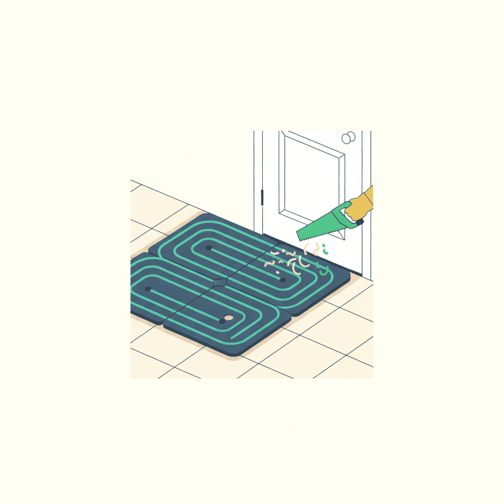 Ilustración vectorial plana de una vivienda en corte mostrando un sistema de suelo radiante de bajo espesor montado directamente sobre el pavimento existente, sin texto