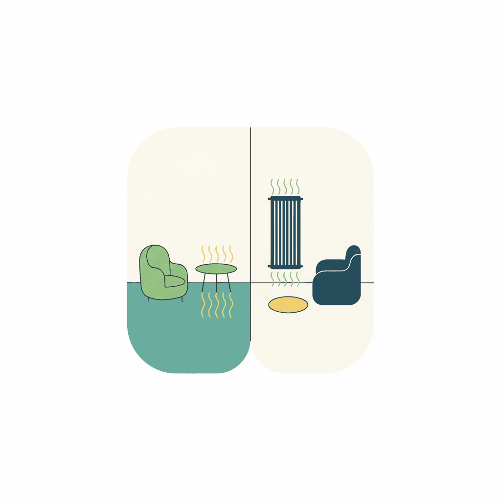 Ilustración vectorial plana de una vivienda partida en dos mitades comparando un suelo radiante bajo el pavimento y un radiador en la pared, con flechas de calor de baja y alta temperatura, sin texto