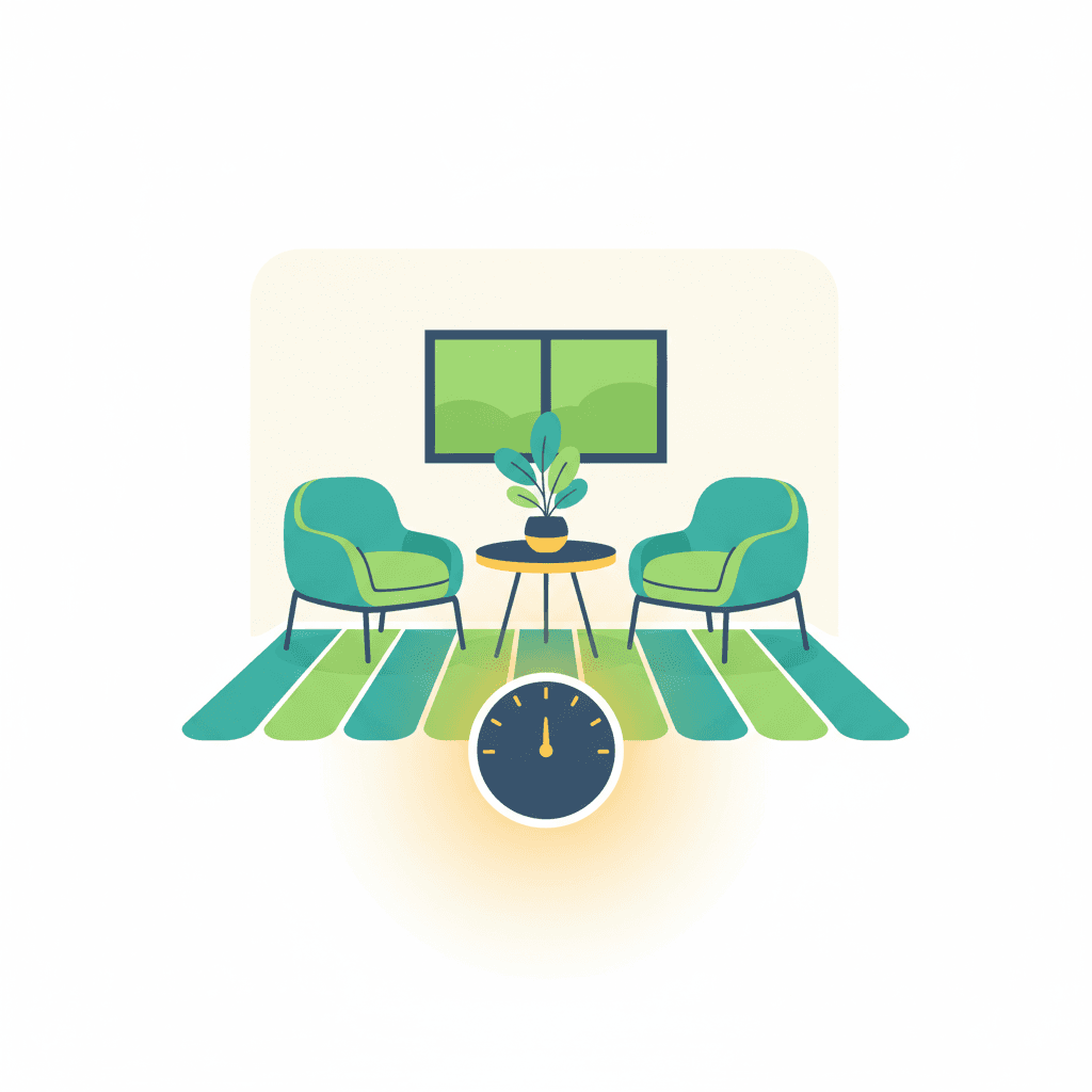 Ilustración vectorial plana de una vivienda en corte con suelo radiante emitiendo calor de forma uniforme y estable, con un icono de interruptor tachado junto a un icono de termostato en marcha continua, sin texto