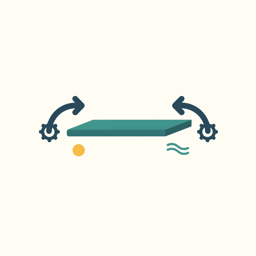 Ilustración vectorial plana de una losa de suelo radiante en corte transversal con flechas lentas mostrando cómo absorbe y libera calor poco a poco, junto a un reloj indicando el paso de varias horas, sin texto