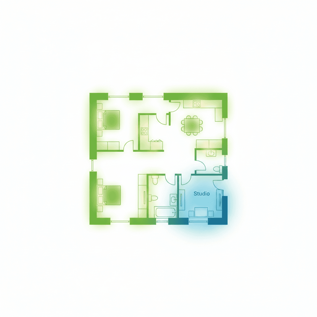 Ilustración vectorial plana de una vivienda en corte con varias estancias de suelo radiante emitiendo calor en tono cálido, salvo una habitación marcada en tono frío y azulado como zona que no calienta, sin texto