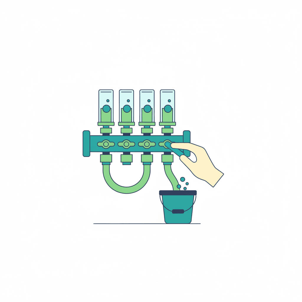 Ilustración vectorial plana de una mano purgando una válvula en un colector de suelo radiante, junto a un mueble con patas que deja pasar el calor del suelo, sin texto