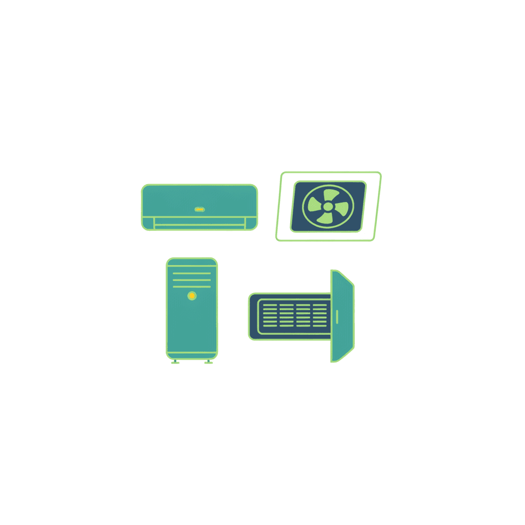 Ilustración vectorial plana con cuatro iconos comparando formatos de unidad interior de aire acondicionado: split de pared, cassette de techo, conductos y suelo-techo, sin texto