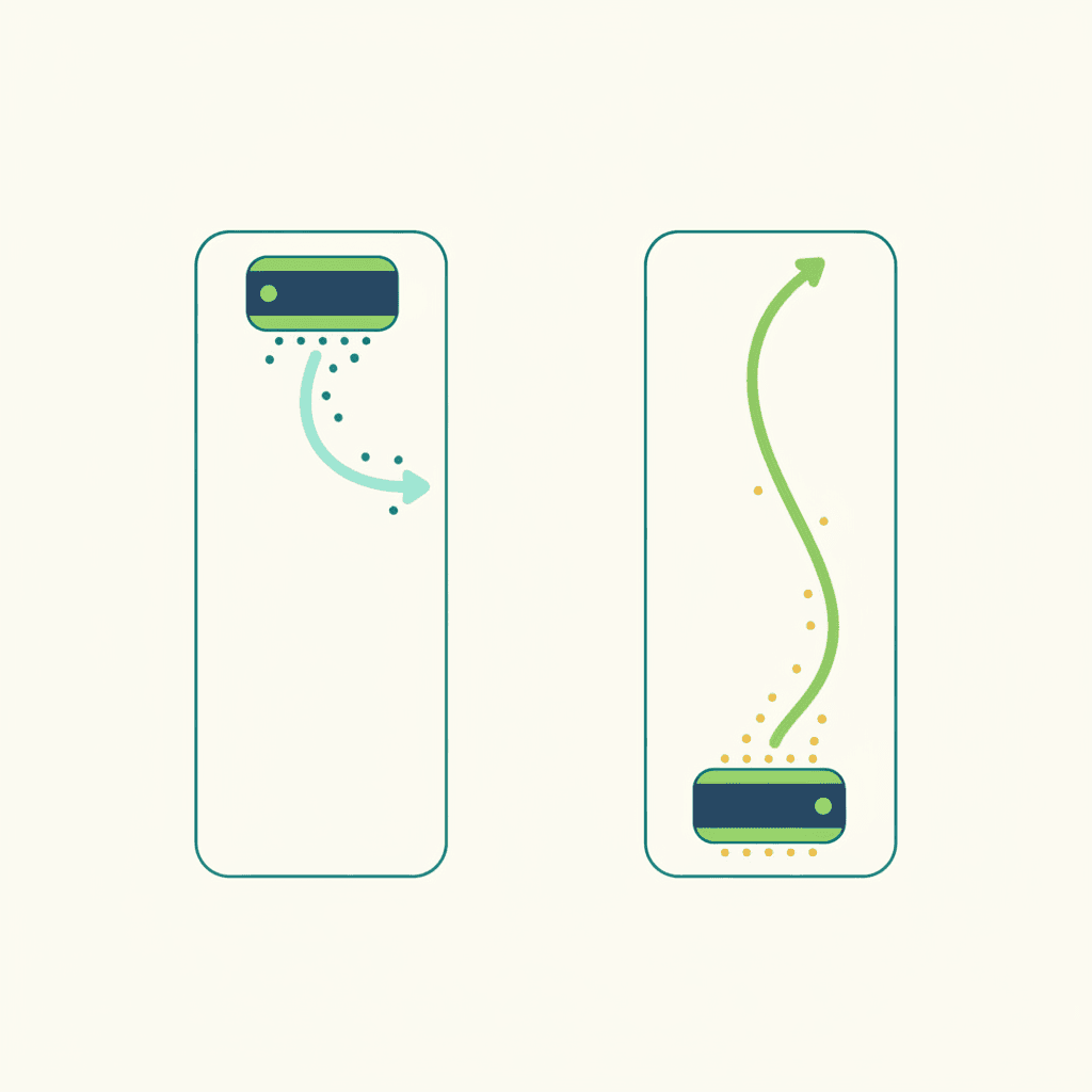 Ilustración vectorial plana comparando el alcance del flujo de aire de un split de pared, corto y limitado a la zona cercana, frente al flujo largo y horizontal de una unidad suelo-techo que recorre todo el salón, sin texto