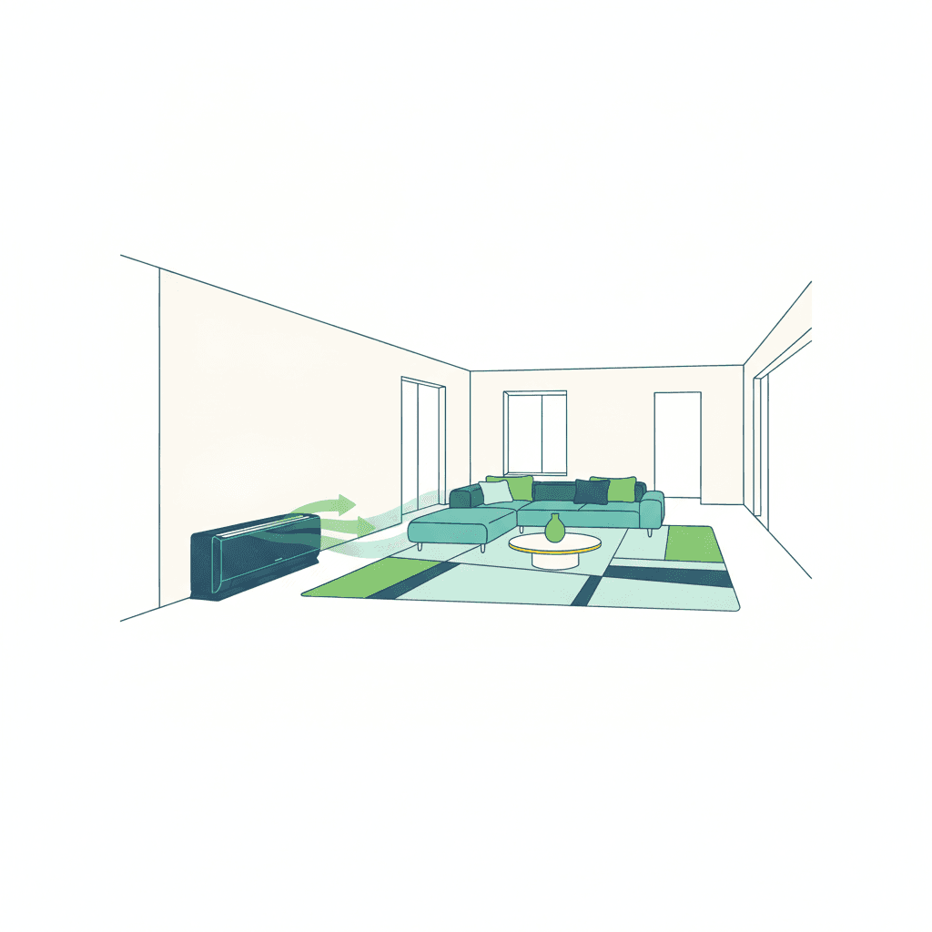 Ilustración vectorial plana de un salón grande y alargado climatizado por una unidad interior suelo-techo que emite un flujo de aire horizontal a lo largo de toda la estancia, sin texto