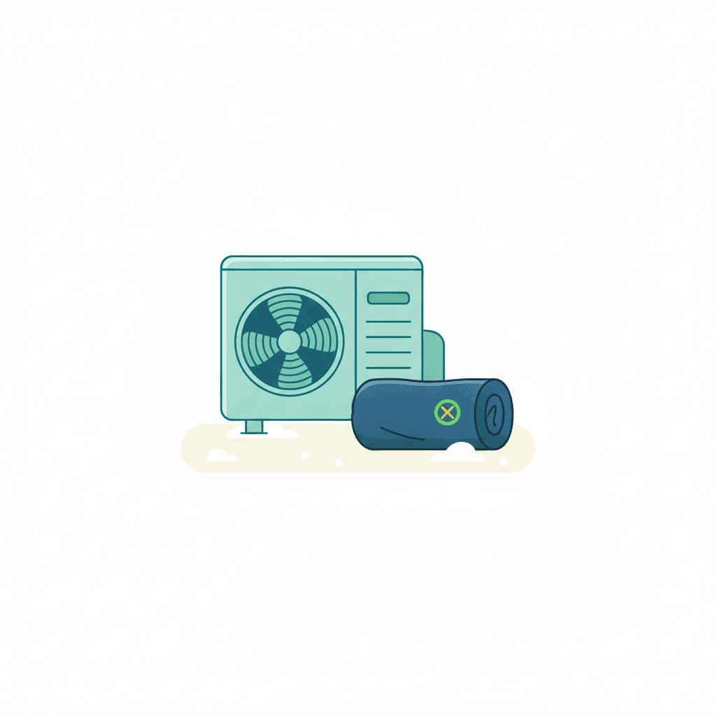 Ilustración vectorial plana de una unidad exterior de aire acondicionado en una fachada durante el invierno, con nieve alrededor pero sin ninguna funda ni cubierta encima