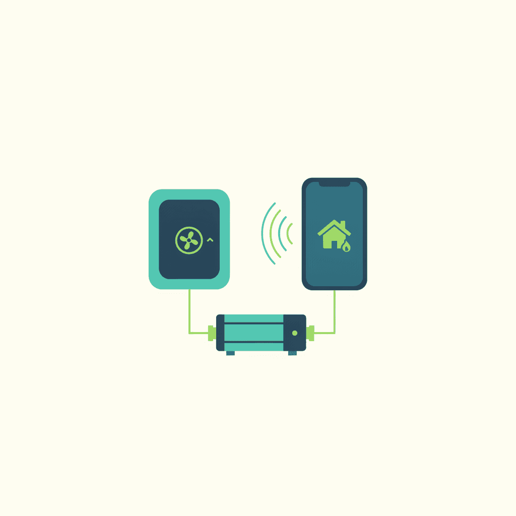Ilustración vectorial plana de un termostato inteligente en la pared de una vivienda conectado por un cable a una unidad exterior de aerotermia, con un icono de wifi y una curva de temperatura, sin texto