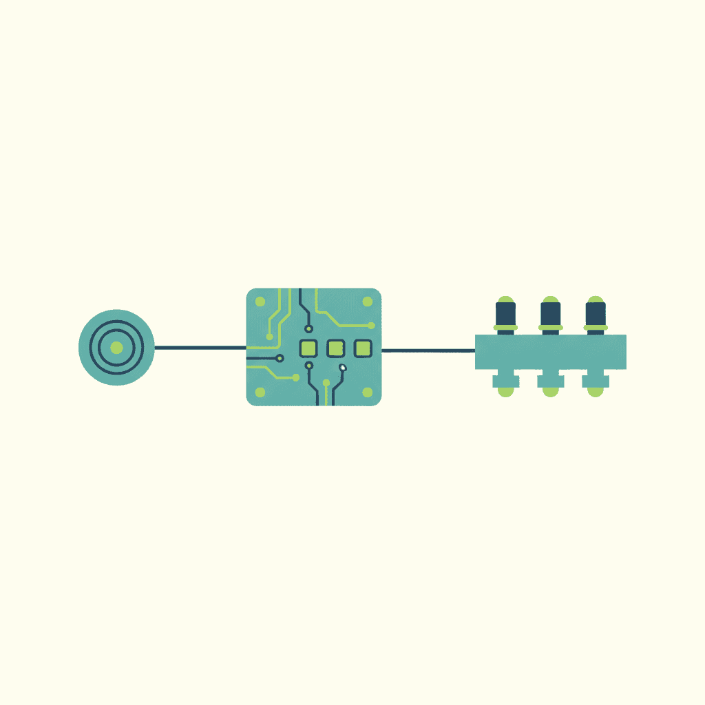 Ilustración vectorial plana del esquema de control del suelo radiante: termostato de estancia, centralita en el colector y cabezal electrotérmico abriendo el circuito, con flechas de señal, sin texto
