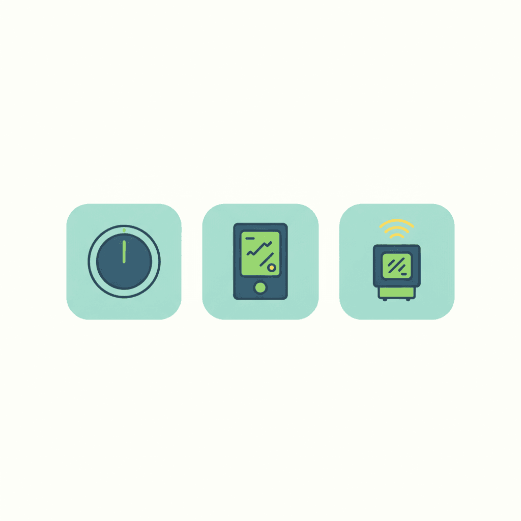 Ilustración vectorial plana comparando un termostato de suelo radiante cableado y uno inalámbrico por radiofrecuencia, con un icono de sonda de suelo junto a cada uno, sin texto