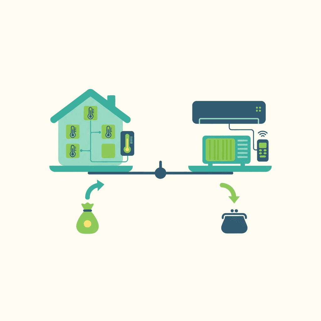 Ilustración vectorial plana de una vivienda con varias estancias, cada una con su propio termostato, junto a un icono de conductos de aire acondicionado, sin texto