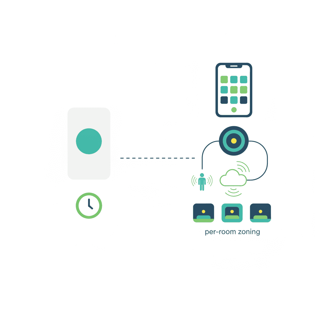 Ilustración vectorial plana con iconos comparando las funciones de un mando de aire acondicionado (temporizador, consigna) frente a un termostato o programador externo (programación semanal, app, zonas), sin texto