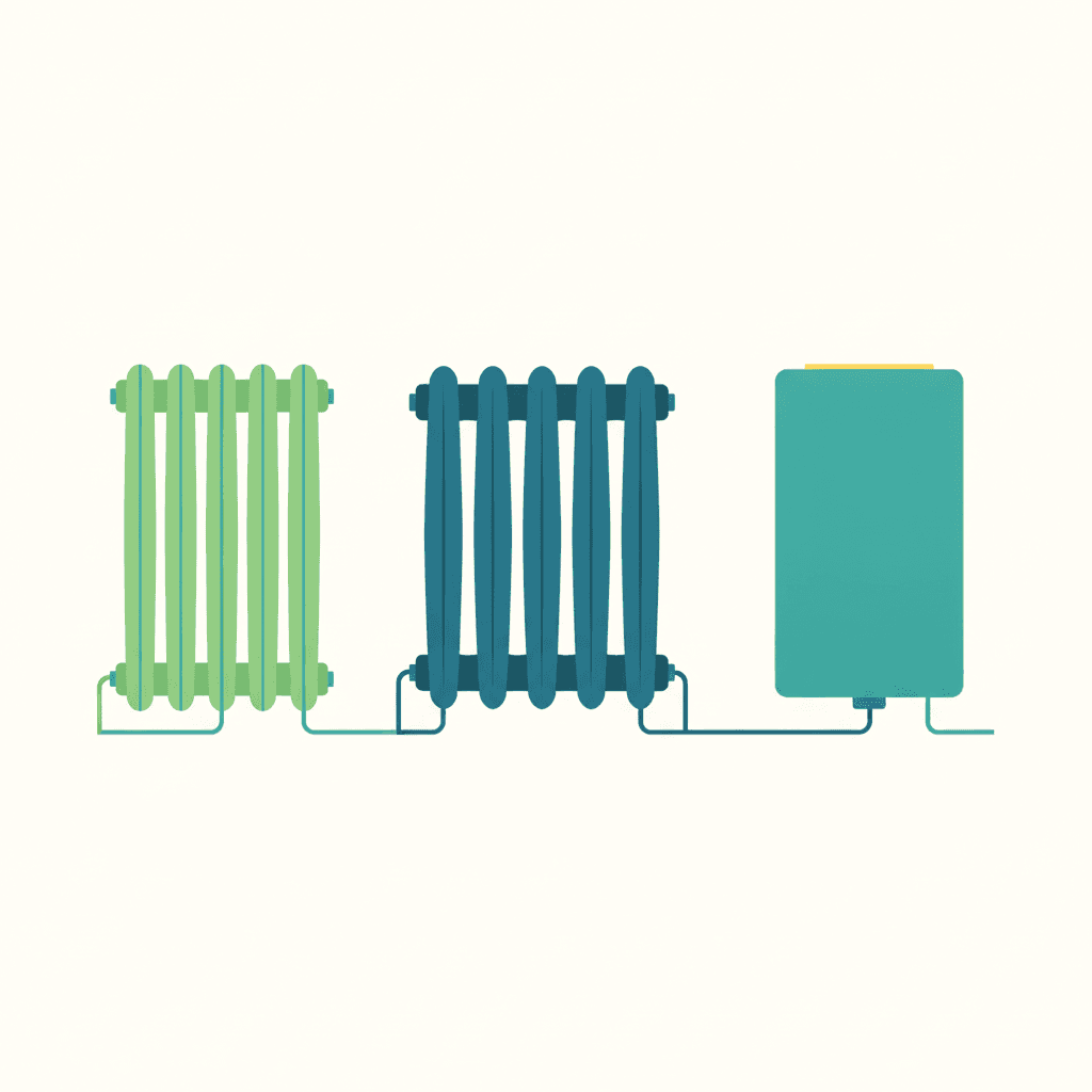 Ilustración vectorial plana comparando tres radiadores domésticos uno junto a otro, de aluminio, hierro fundido y acero, sin texto