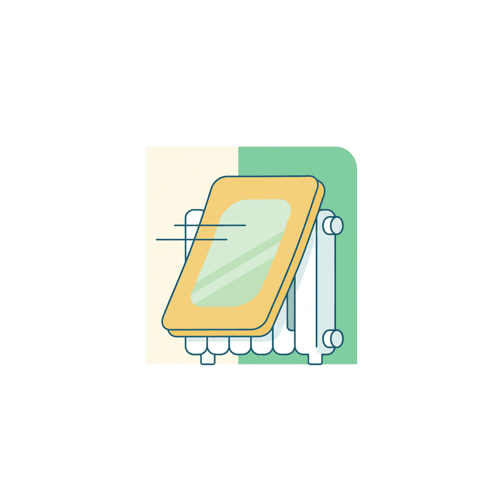 Ilustración vectorial plana de un radiador junto a un muro exterior con ondas de calor dirigiéndose hacia la pared y hacia la habitación, sin texto