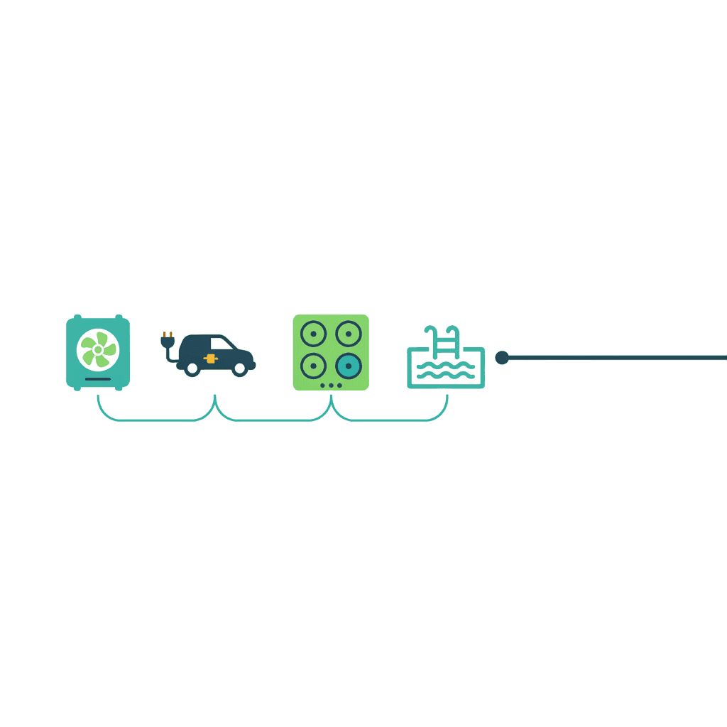 Ilustración vectorial plana de una vivienda con varios consumos eléctricos simultáneos: unidad exterior de aerotermia, punto de recarga de coche eléctrico, cocina de inducción y piscina, sin texto