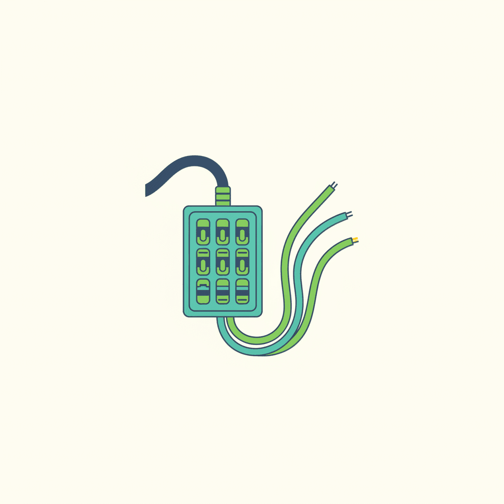 Ilustración vectorial plana de una vivienda unifamiliar con el cuadro eléctrico y una unidad exterior de aerotermia conectada, con un icono de una única fase eléctrica destacado, sin texto
