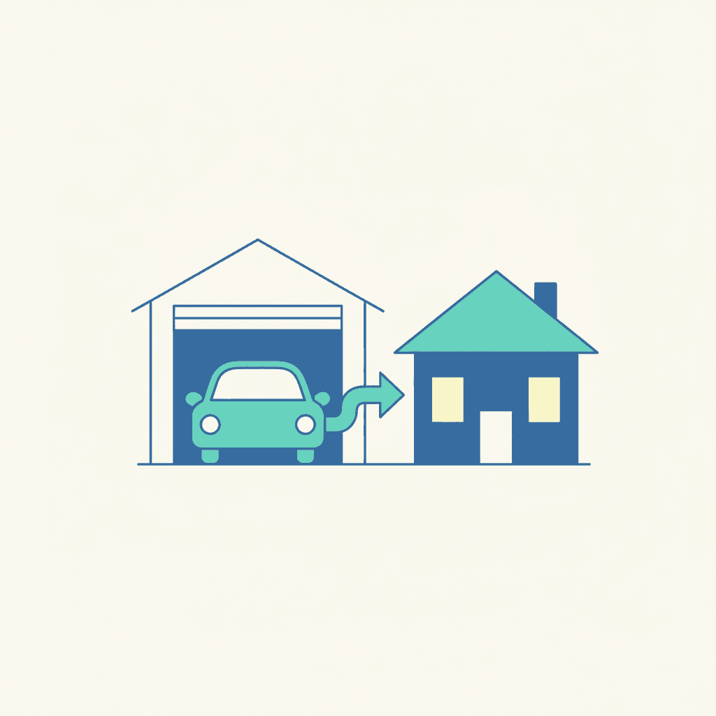 Un coche eléctrico conectado a la casa devolviéndole energía para mantener las luces encendidas durante un apagón