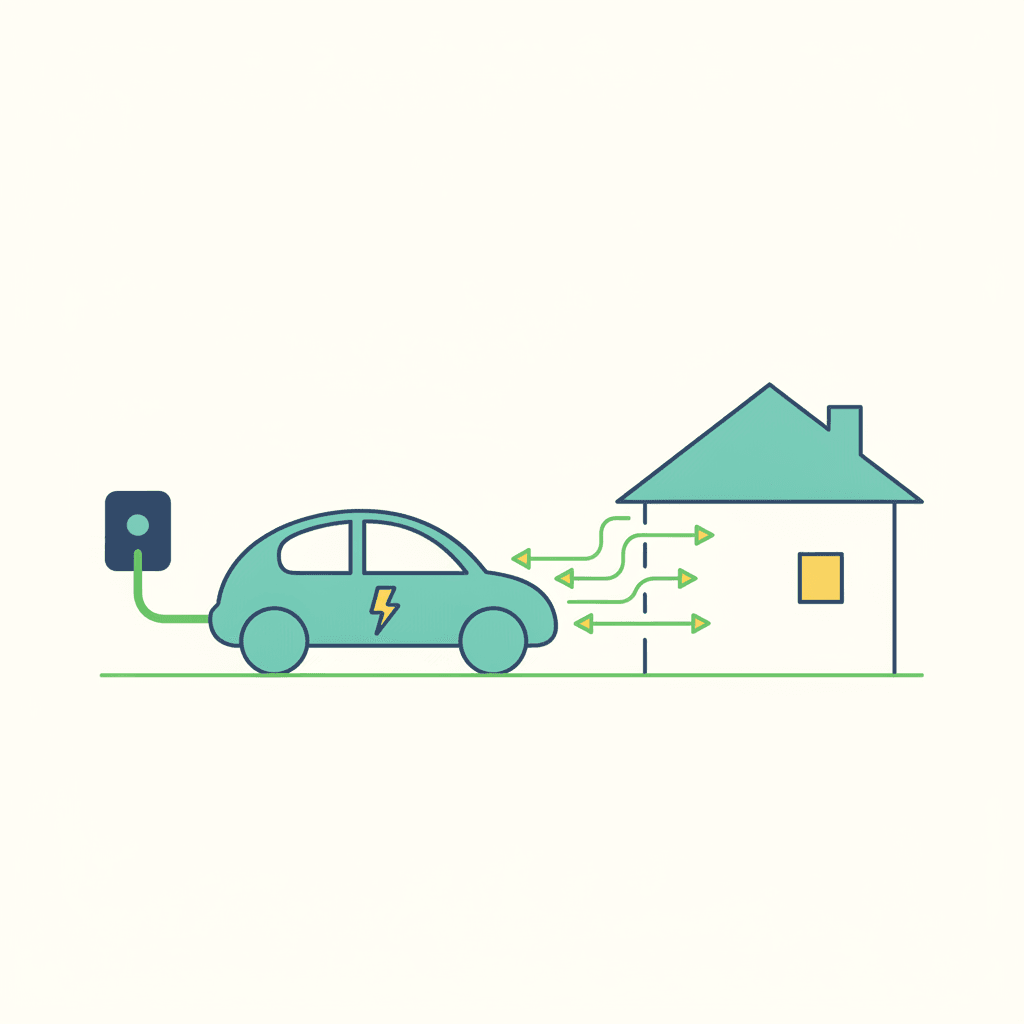 Ilustración vectorial plana de un coche eléctrico conectado a una vivienda con una cadena de eslabones entre ambos representando los requisitos de la carga bidireccional V2H, sin texto